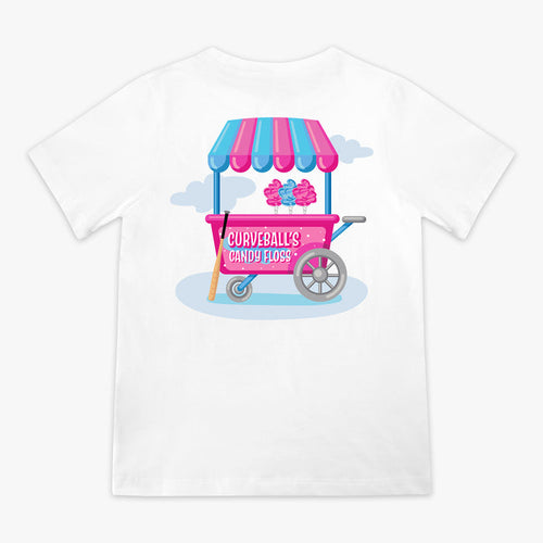 White t-shirt with a pink cart graphic that says 'Curveball's Candy Floss' on a white background