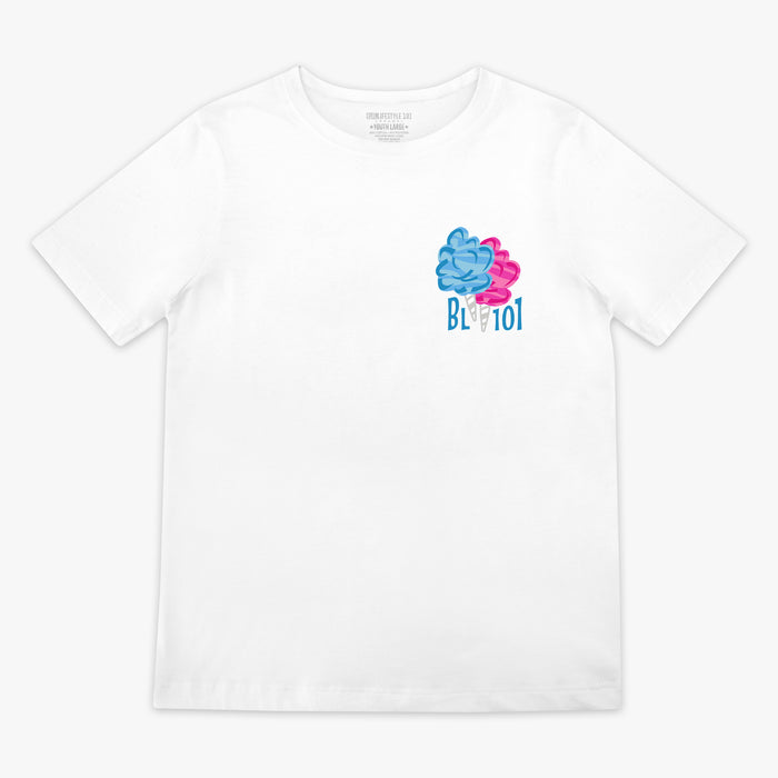 White t-shirt with a Pink and Blue BL101 logo and text on a white background