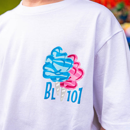 White t-shirt with pink and blue Ice cream cone design and 'BL101' text on a blurred background