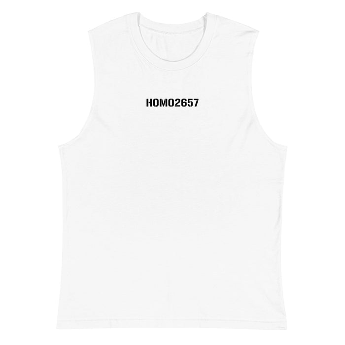 White sleeveless shirt with 'HOMO2657' text on a white background
