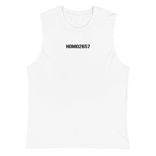 White sleeveless shirt with 'HOMO2657' text on a white background