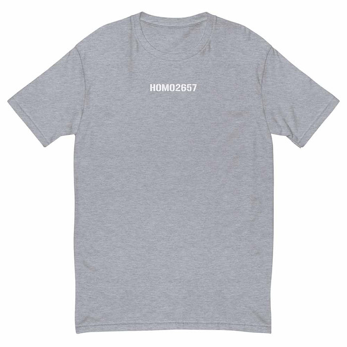 Gray t-shirt with 'HOMO2657' text on a white background