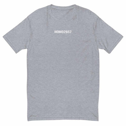 Gray t-shirt with 'HOMO2657' text on a white background