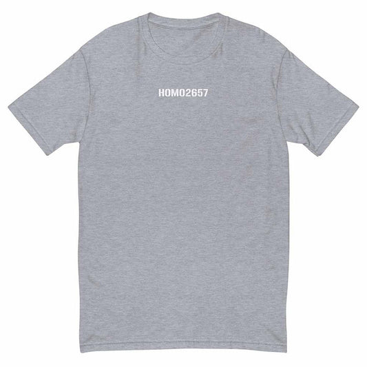 Gray t-shirt with 'HOMO2657' text on a white background