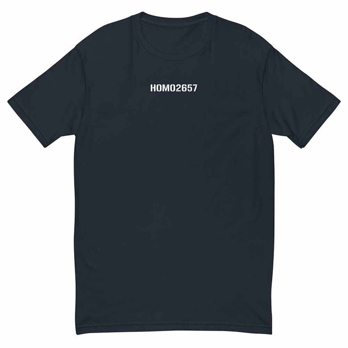 Navy t-shirt with 'HOMO2657' text on a white background