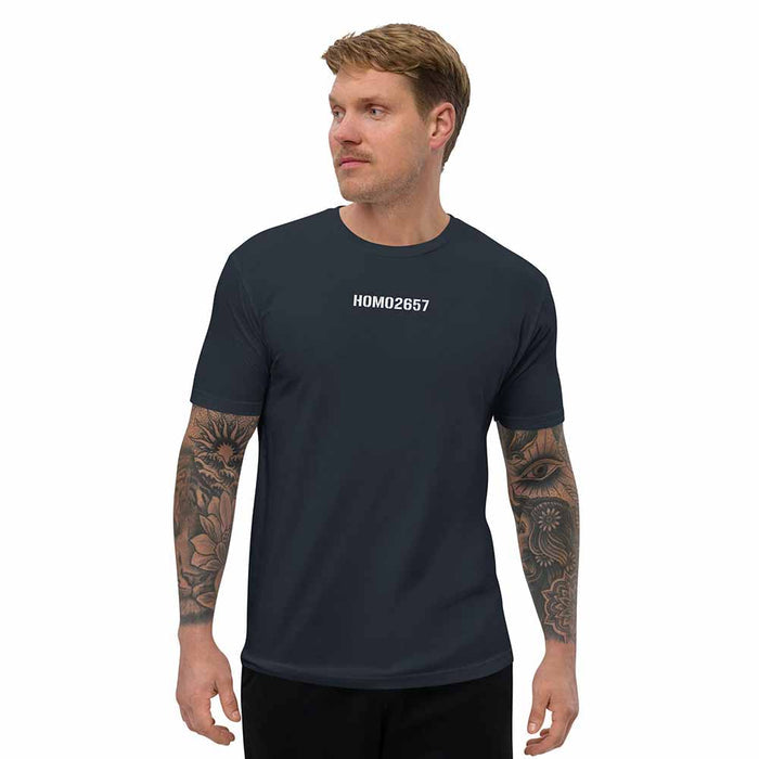 Man wearing a navy t-shirt with 'HOM02657' text on a white background