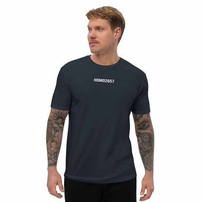 Man wearing a navy t-shirt with 'HOM02657' text on a white background