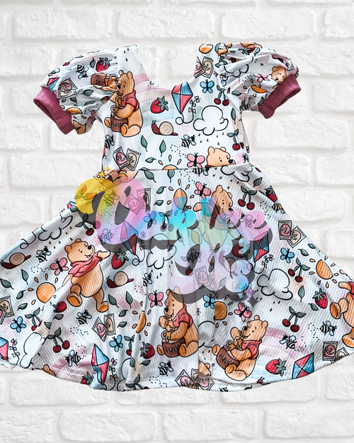 Honey Bear puff short sleeve knee length brielle dress with attached bummies