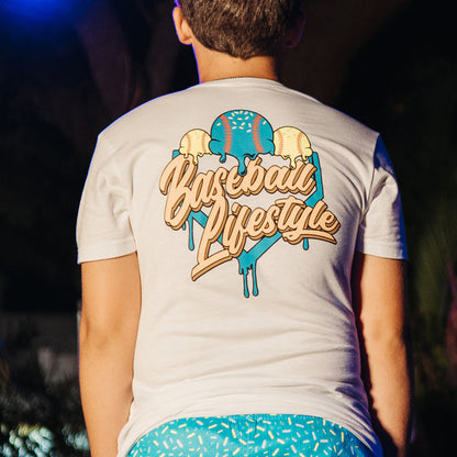 Youth model wearing white Ice Cream Blueberry Lemonade youth graphic tee