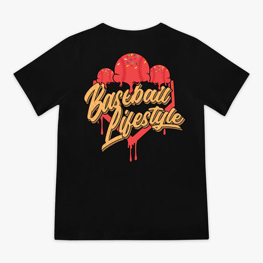 Black t-shirt with 'Baseball Lifestyle' ice cream graphic design on a white background
