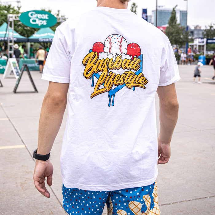 Youth model wearing red, white & blue Ice Cream USA youth graphic tee