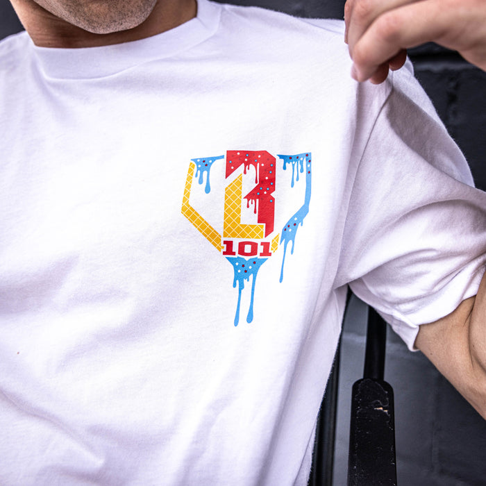 Youth model wearing red, white & blue Ice Cream USA youth graphic tee
