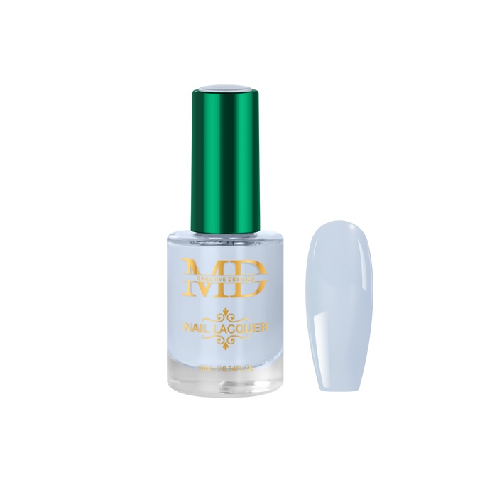 Nail polish bottle with green cap and gold text on a white background