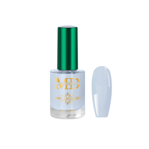 Nail polish bottle with green cap and gold text on a white background
