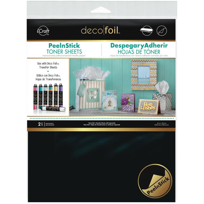 iCraft - Deco Foil Peel N Stick Toner Sheets - 8"X10" - 2/Pkg. Simply use scissors, punches, dies or an electronic cutter to cut any shape, then layer with Deco Foil Transfer sheet and run through a laminator. Available at Embellish Away located in Bowmanville Ontario Canada.