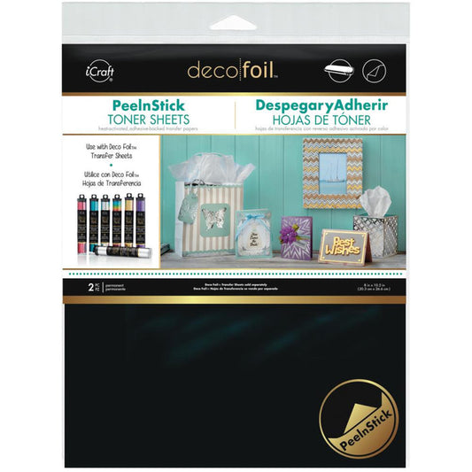 iCraft - Deco Foil Peel N Stick Toner Sheets - 8"X10" - 2/Pkg. Simply use scissors, punches, dies or an electronic cutter to cut any shape, then layer with Deco Foil Transfer sheet and run through a laminator. Available at Embellish Away located in Bowmanville Ontario Canada.