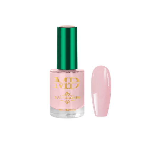 Pink nail polish bottle with green cap on a white background