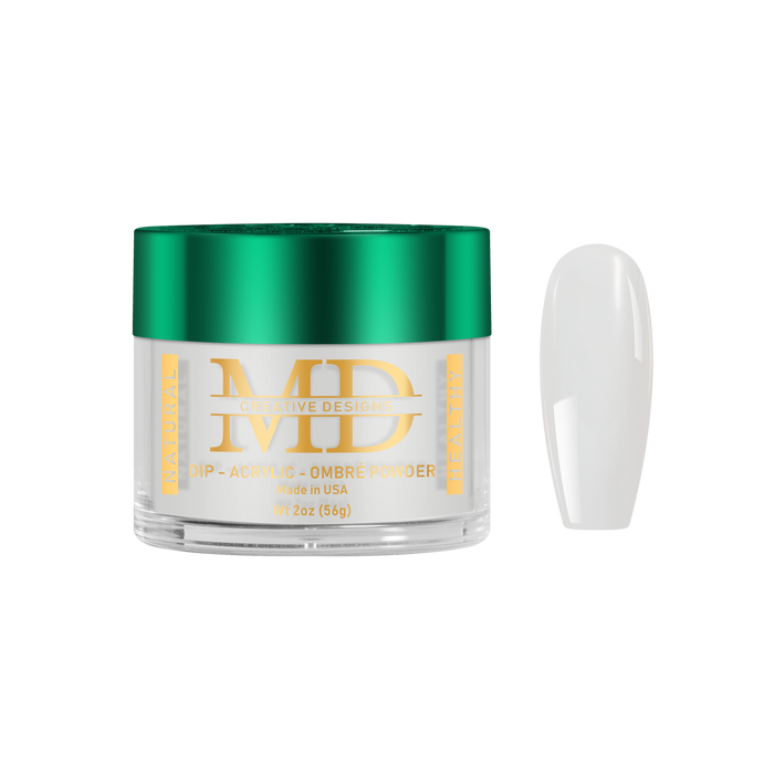 Jar of MD nail powder with a green lid and gold text on a white background