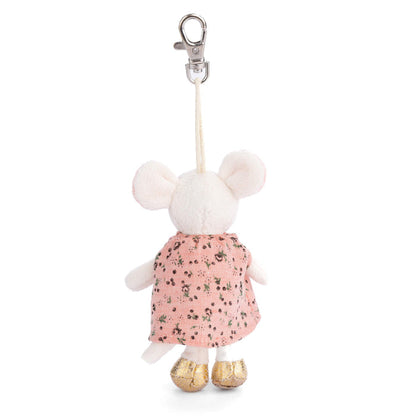 Plush mouse bag charm with pink dress and golden shoes, hanging strap and keyring