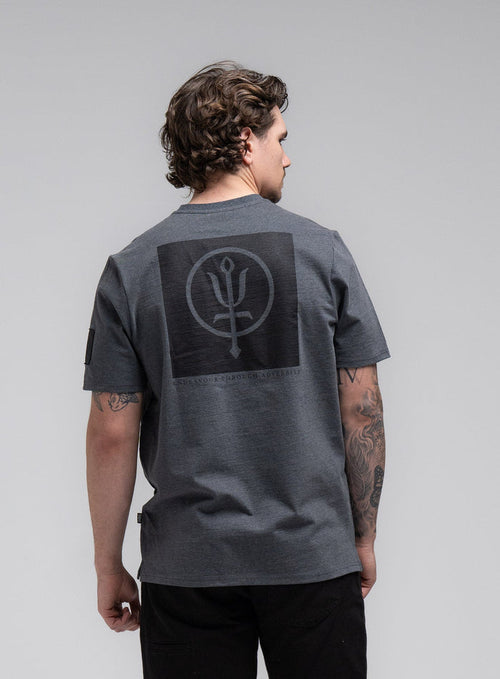 Jack Is 6ft 3" And Wears Size: L | Hem Studio Image Of Model Wearing Insignia T-Shirt - Black Mark In Charcoal Grey (SS Model)