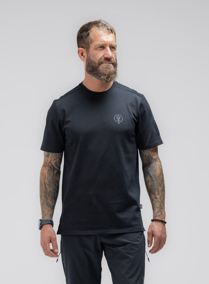 Louis Is 5ft 10" And Wears Size: M | Hem Studio Image Of Model Wearing Insignia T-Shirt - Made For Rock In Obsidian Black (SS Model)