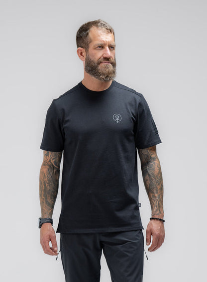 Louis Is 5ft 10" And Wears Size: M | Hem Studio Image Of Model Wearing Insignia T-Shirt - Made For Rock In Obsidian Black (SS Model)