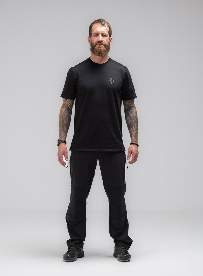 Louis Is 5ft 10" And Wears Size: M | Hem Studio Image Of Model Wearing Insignia T-Shirt - Made For Rock In Obsidian Black (SS Model)