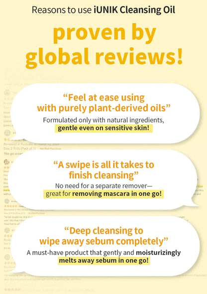 Promotional text about iUNIK Cleansing Oil with benefits on a yellow background