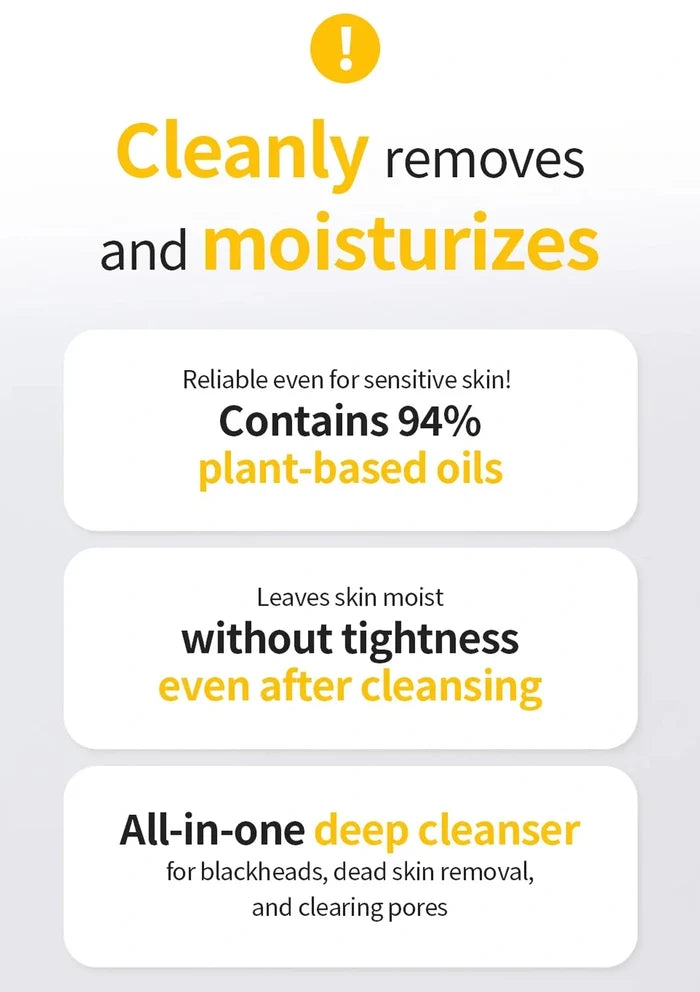 Product advertisement with text about plant-based oils and deep cleanser benefits on a gray background