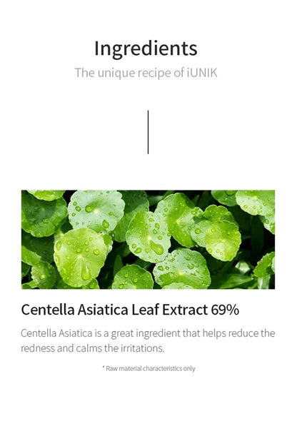 Product packaging with Centella Asiatica leaf extract and text about iUNIK's unique recipe.