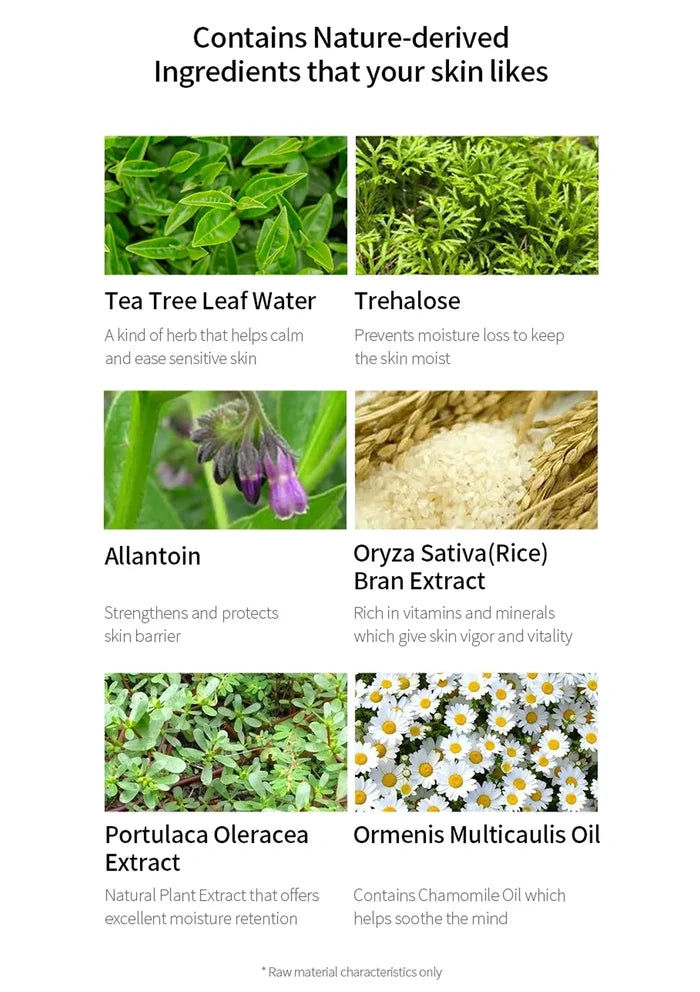 List of nature-derived ingredients with corresponding images and descriptions on a white background.