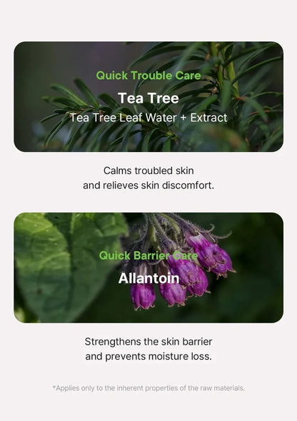 Tea tree and allantoin product advertisement with text on a white background
