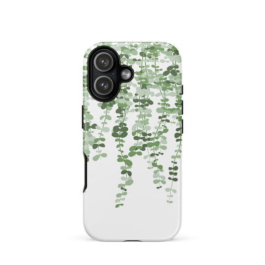 Phone case with green leaf pattern on a white background