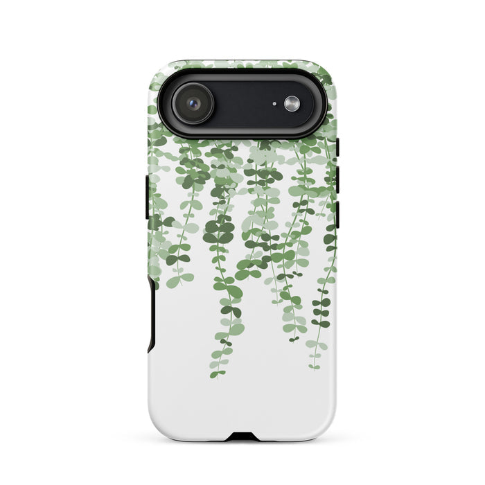 Phone case with green leaf pattern on a white background