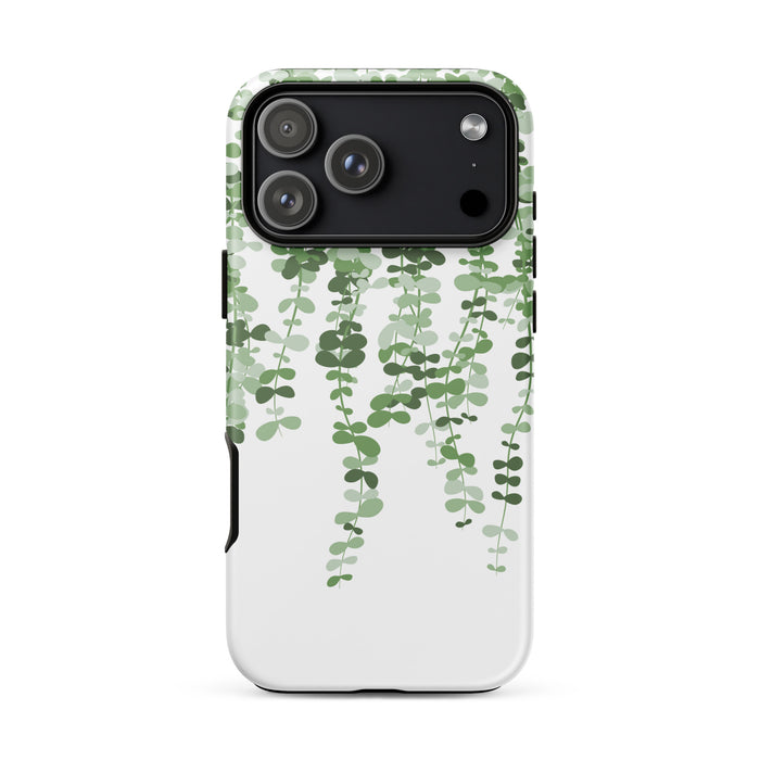 Phone case with green leaf pattern on a white background