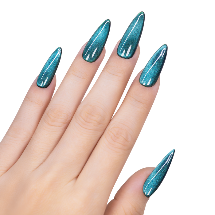 Hand with blue glittery nail polish on a white background