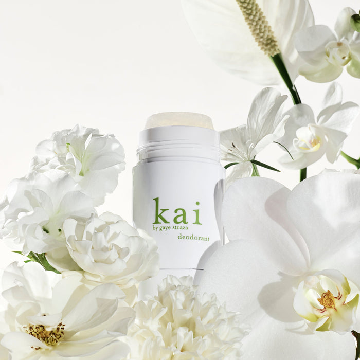 Kai deodorant stick, 2 oz, white container with green logo