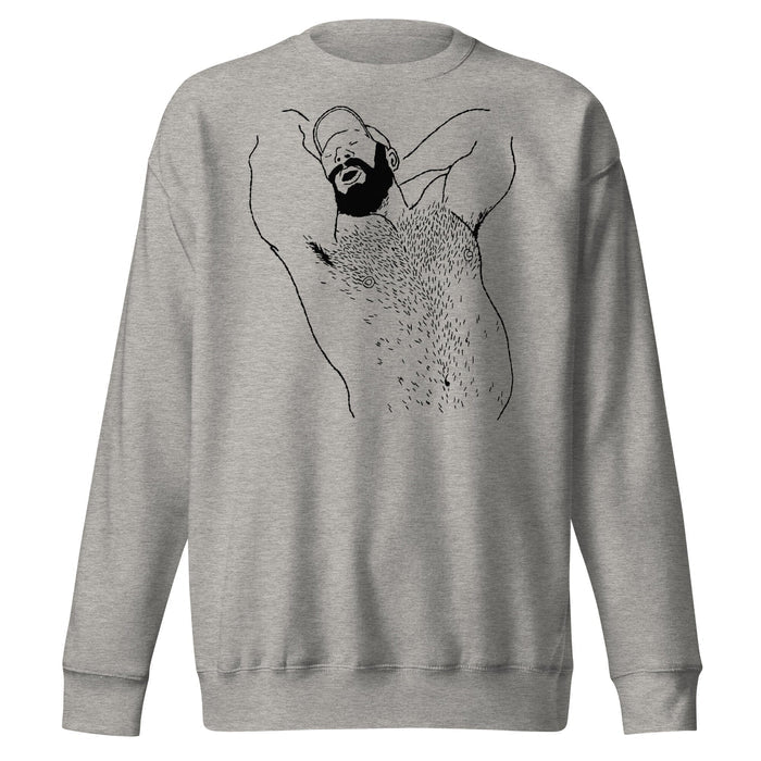 Carbon grey unisex premium crewneck sweatshirt featuring black queer bear illustration by Kinky Needles, exclusive to Adam's Nest Provincetown