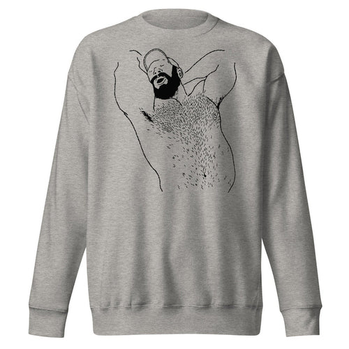 Carbon grey unisex premium crewneck sweatshirt featuring black queer bear illustration by Kinky Needles, exclusive to Adam's Nest Provincetown