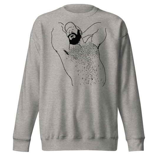 Carbon grey unisex premium crewneck sweatshirt featuring black queer bear illustration by Kinky Needles, exclusive to Adam's Nest Provincetown