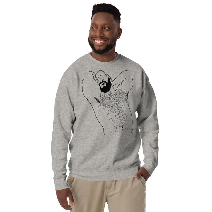 Man wearing carbon grey unisex premium sweatshirt with black queer bear art by Kinky Needles, collaboration with Adam's Nest Provincetown