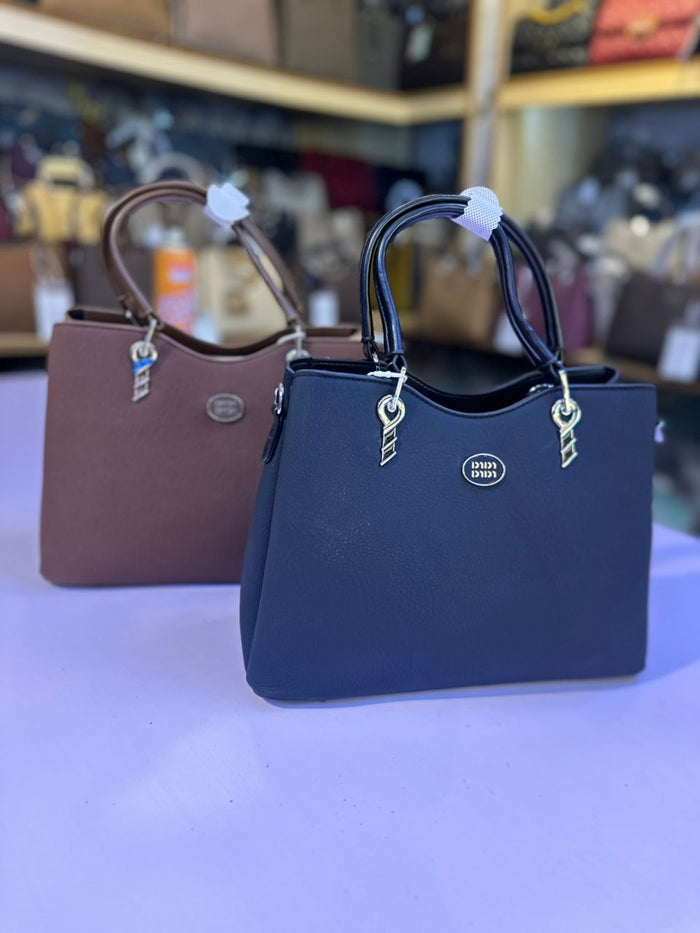 Ladies PU Leather Tote Handbag | Double Top Handles | Silver Charm | Navy Blue & Brown | Women