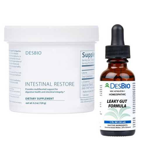 Leaky Gut Bundle by Desbio, digestive health, digestion, healthy digestion, leaky gut, gastrointestinal lining, toxins, pathogens, poorly digested food, GI discomfort, brain fog, joint pain, food sensitivities, mood disorders, Intestinal Restore, Leaky Gut Formula