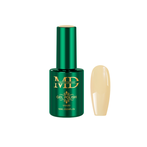 Green gel polish bottle with a yellow nail tip color swatch on a white background