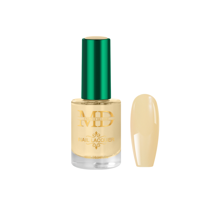 Nail polish bottle with a green cap and beige nail tip color swatch on a white background