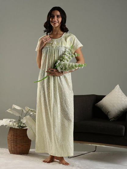 Lemon Zest Chikankari Cotton Nighty Online with Pocket