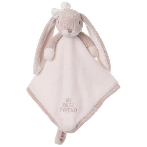 Plush bunny blankie security blanket with soft fabric, stitched ears, and taupe trim
