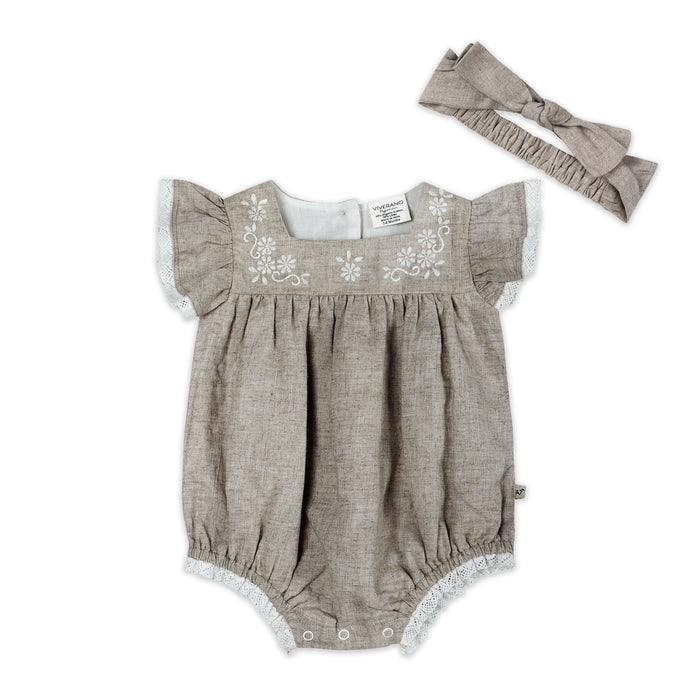 Lena Floral Embroidered Baby Romper + Headband (Linen Blend)