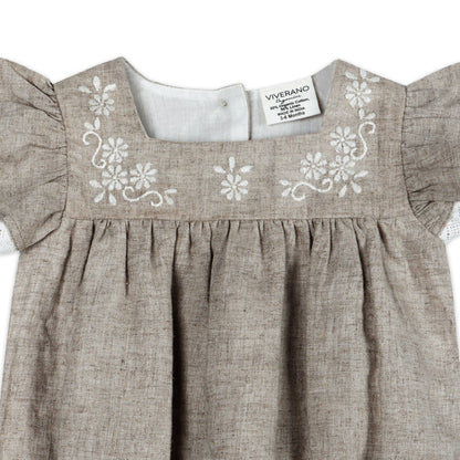 Lena Floral Embroidered Baby Romper Detail (Linen Blend)