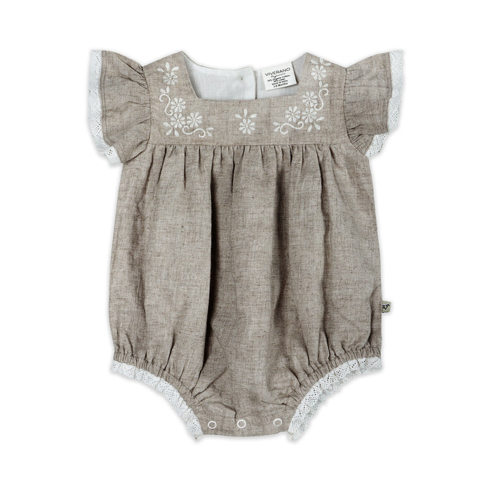 Lena Floral Embroidered Baby Romper Front (Linen Blend)